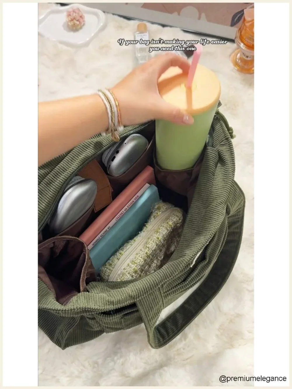Corduroy Tote Bag with 17 Pockets, Fits 40oz Cup, Machine Washable
